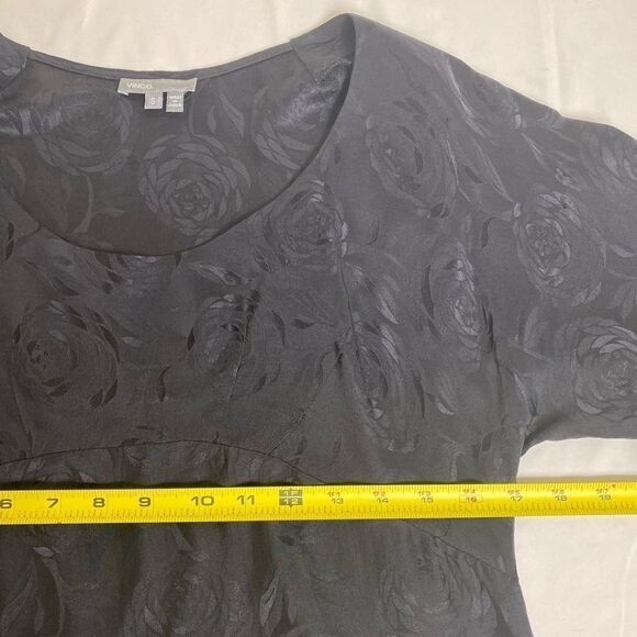 Vince dress s black 100% silk echted roses balloon 3/4 sleeves - Picture 5 of 8